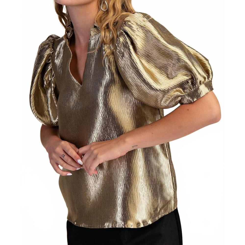 NWT Glam Gold Puff Sleeve Blouse - Picture 2 of 4